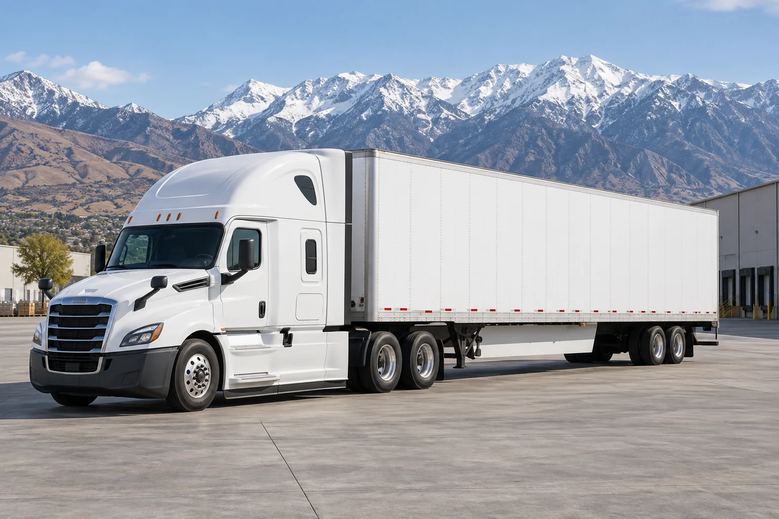 Illustrative white tractor-trailer at a Utah-style freight yard with mountains in the distance