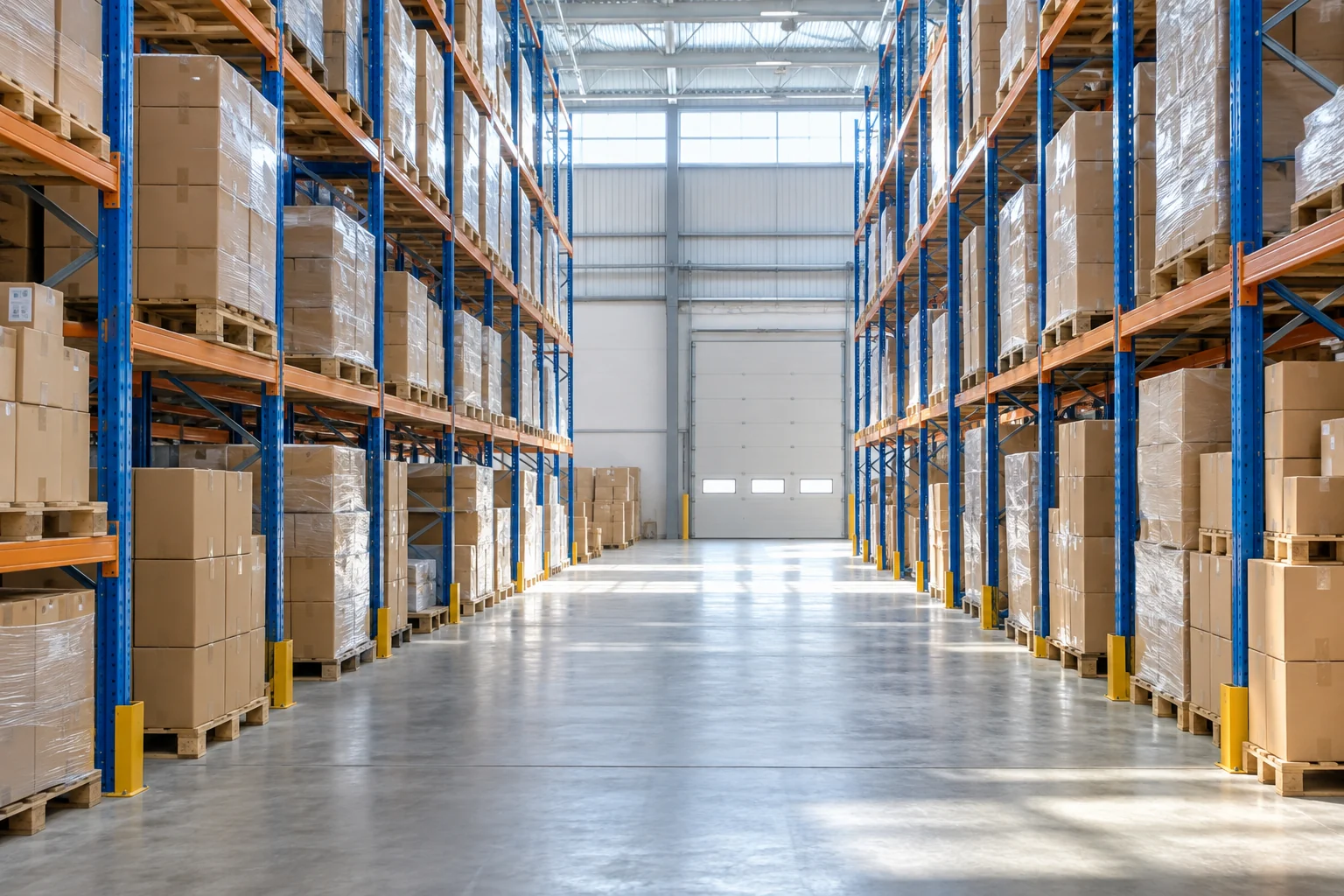 Illustrative bright warehouse aisle with pallet storage racks