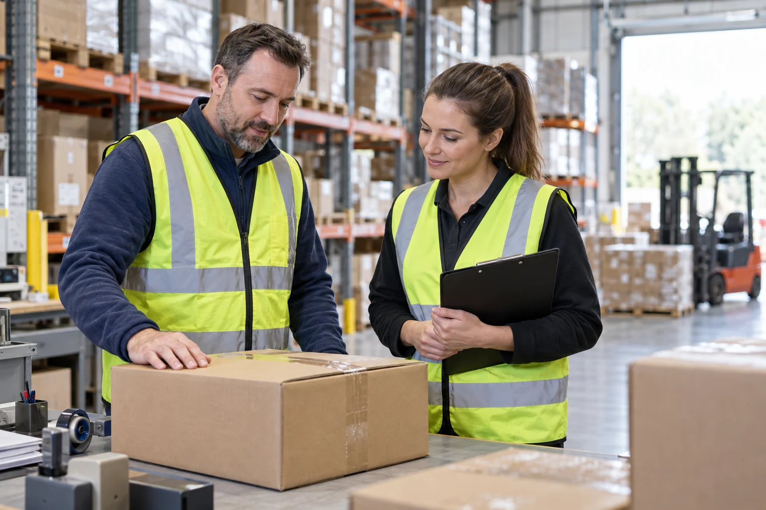 Illustrative warehouse staff discussing carton information at a work station